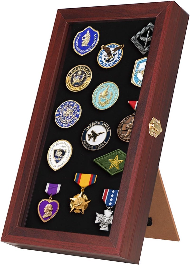 VERANI 8.5 x15 Pin Display Case with Real Glass Door Frame Bracket for Military Medals, Beach Tags, Jewelry Pins, Pin Gift, Insignia Ribbons, Pin Enthusiast Collectibles, Mahogany - Image 1